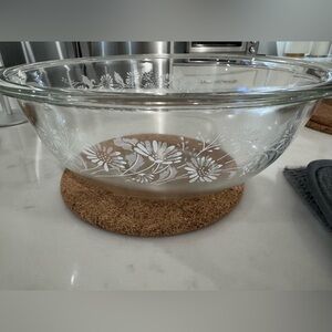 Clear Glass Mixing Bowl with White Floral Etching vintage Pyrex